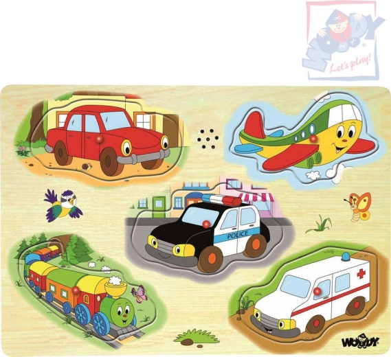 Woody puzzle din lemn cu sunete – mijloace de transport, 5 piese