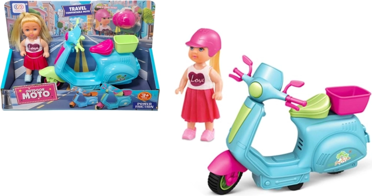 Păpușă pe scuter cu coș și cască