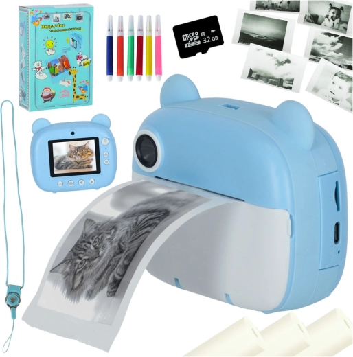 Aparat foto instant pentru copii cu imprimantă termică ursuleț albastru 32 GB