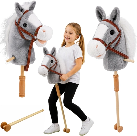 Hobby horse cal gri pe băț de 100 cm cu sunete și roți