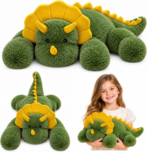 Dinozaur de pluș triceratops verde, 60 cm