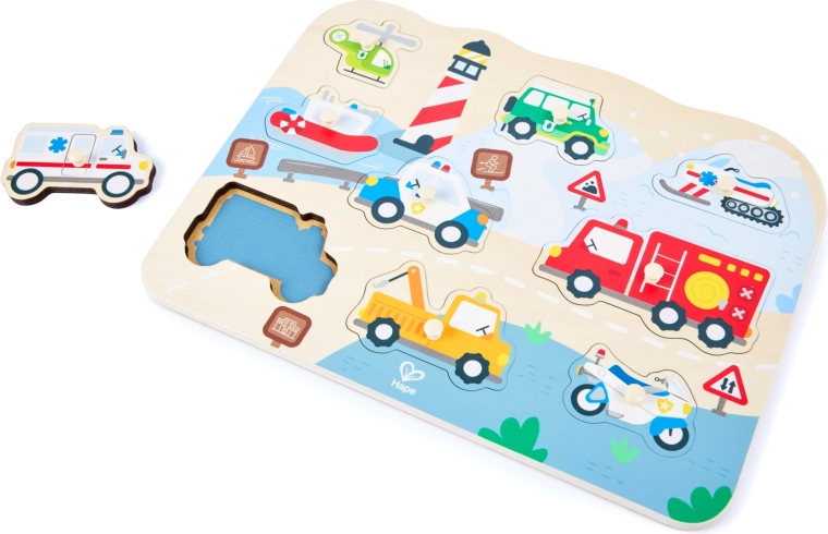 Puzzle din lemn cu inserții și vehicule de intervenție