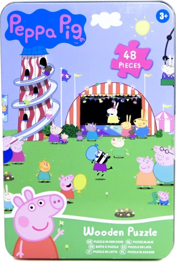 Puzzle din lemn Peppa Pig în cutie metalică, 48 de piese