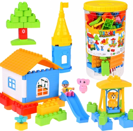 Cărămizi mari de construcție din plastic, 94 de piese, în cutie cu mâner și figurine