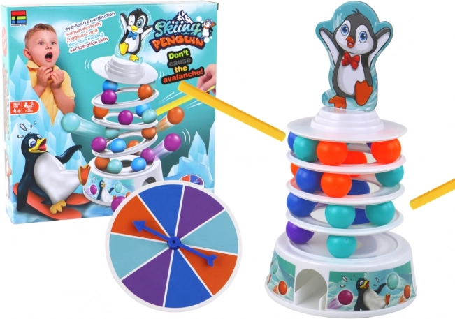 Joc de îndemânare cu pinguin – bile, tobogan și turn