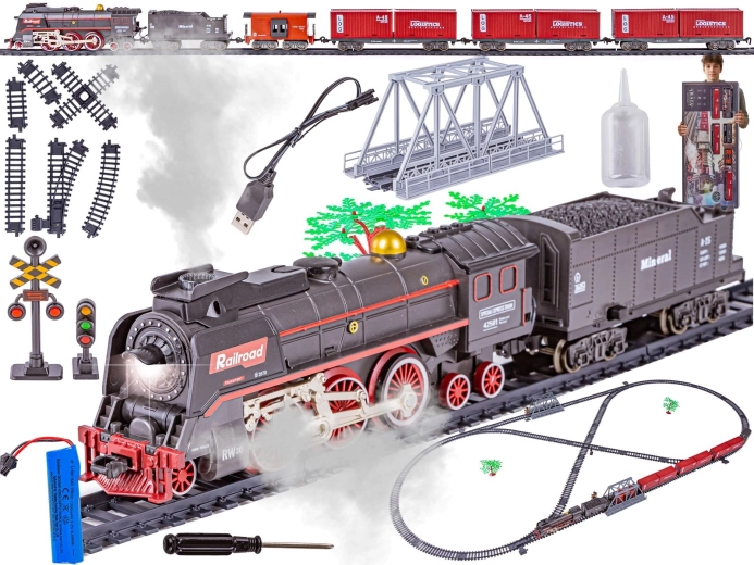 Circuit feroviar electric cu locomotivă cu abur, sunet, lumină și abur – set mare cu acumulator