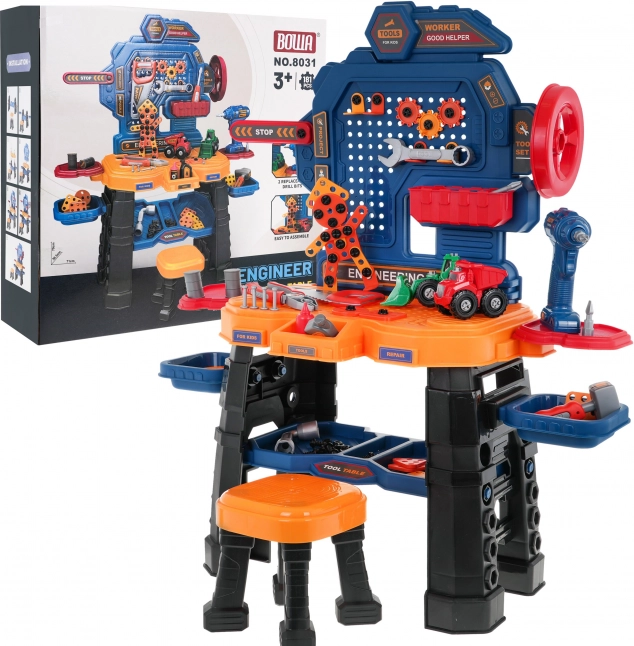 Masa de lucru pentru copii 3+ cu șurubelniță electrică interactivă, scăunel și 181 piese