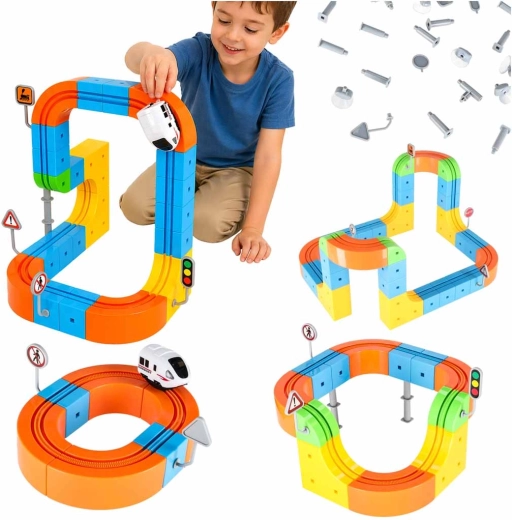 Set de construcție magnetic – pistă de curse cu trenuleț, 65 de piese