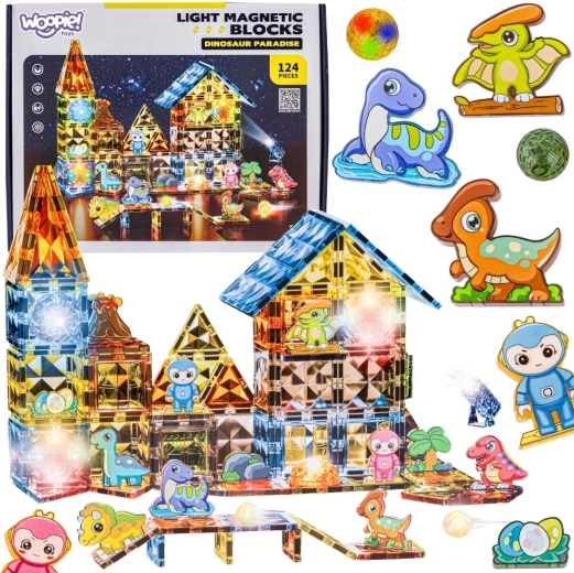 Set de construcție magnetică luminoasă Woopie, parc de dinozauri 3D, 124 de piese