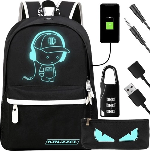 Rucsac impermeabil KRUZZEL cu USB și motiv luminos, 19 l