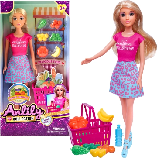 Păpușă cu coș de cumpărături și magazin de fructe și legume