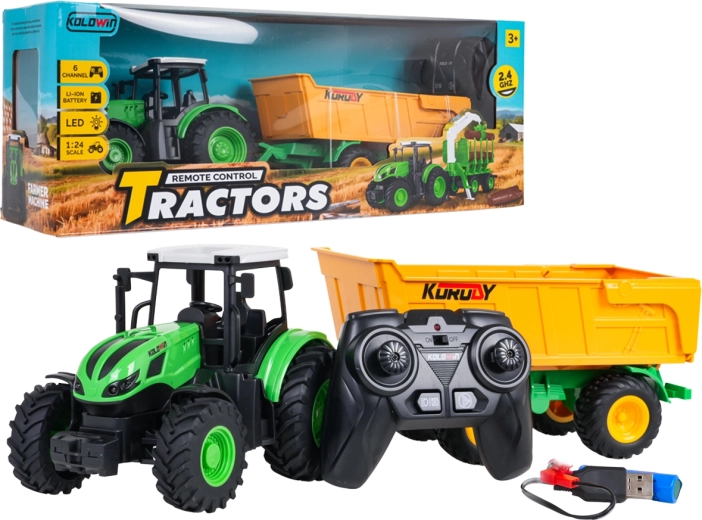 Tractor cu telecomandă și remorcă basculantă galbenă, scara 1:24