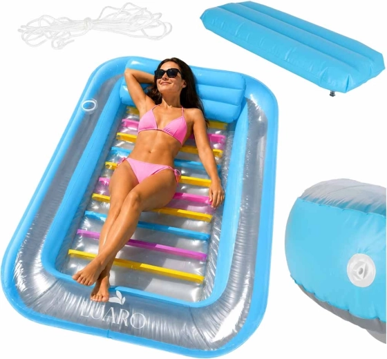Luaro șezlong gonflabil pentru apă cu pernă și suport pentru băutură 170 × 115 cm