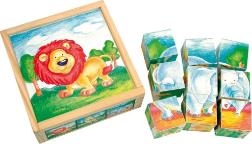 Bino cuburi ilustrate din lemn – animale sălbatice, 9 piese