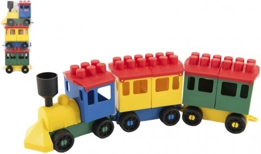 Set de construcție LORI tren cu 2 vagoane, din plastic