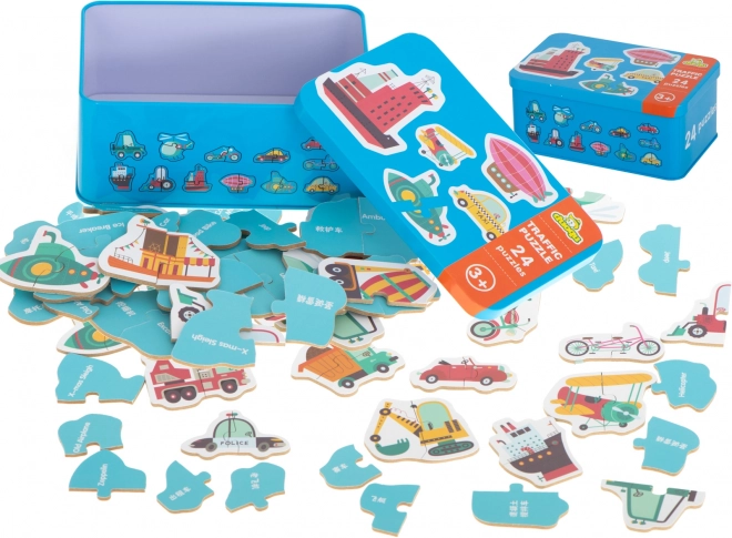 Puzzle în Cutie Metalică Vehicule