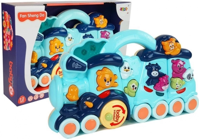 Locomotivă interactivă albastră pentru copii cu sunete de animale și efecte luminoase