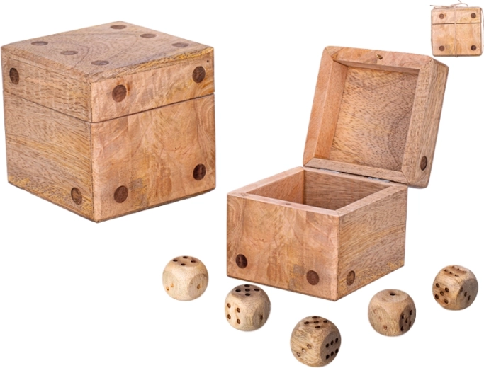 Cub din lemn de mango cu cutie de depozitare și set de 5 zaruri