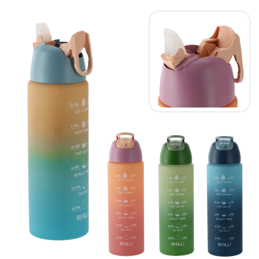 Sticlă sport pentru apă 700 ml cu marcaje orare, ombré roz‑portocaliu