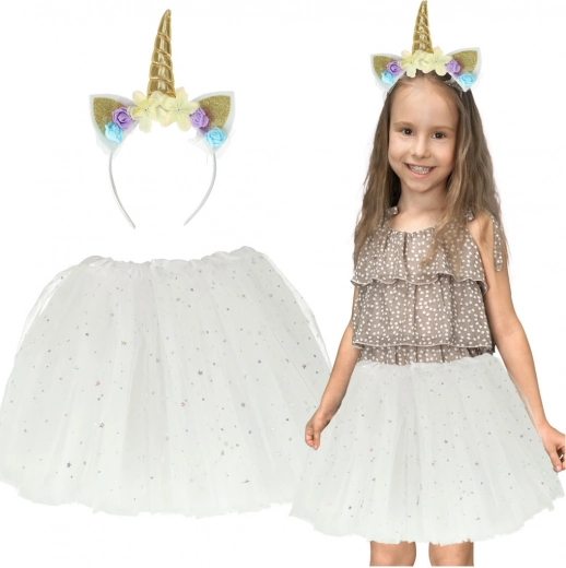Costum de carnaval unicorn – set pentru copii cu bentiță și tutu din tulle – Alb
