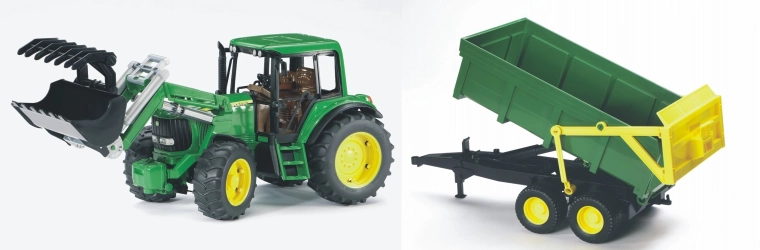 Tractor Bruder John Deere 6920 cu cupă frontală și remorcă