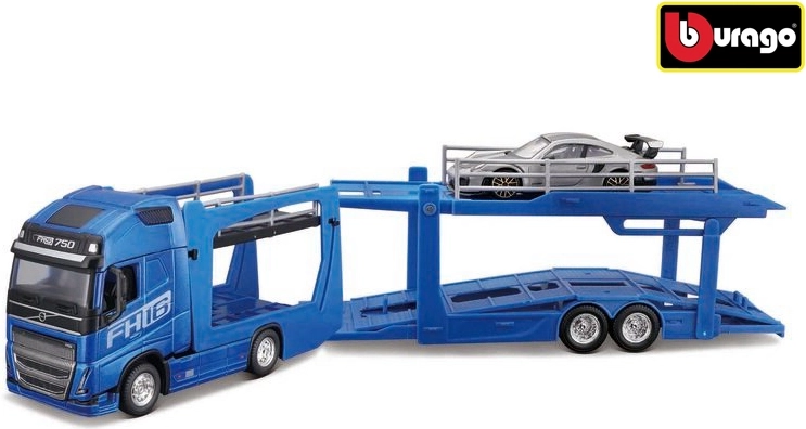 Camion Bburago Street Fire cu semiremorcă Volvo FH16 și Porsche 911 GT2 RS la scara 1:43