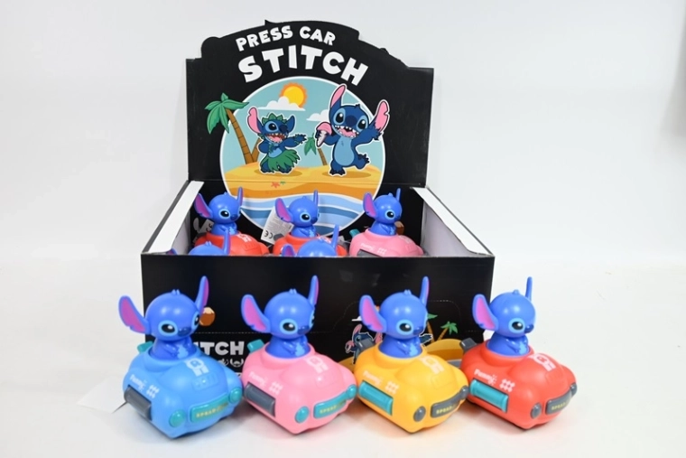 Jucărie Stitch în mașinuță cu mecanism de apăsare 11 cm