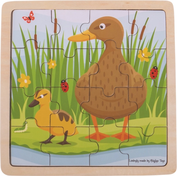 Puzzle în ramă din lemn BIGJIGS TOYS rață cu rățușcă – 16 piese