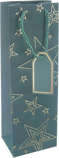 Pungă cadou din hârtie pentru vin cu motiv de stea, verde, 12 × 9 × 36 cm
