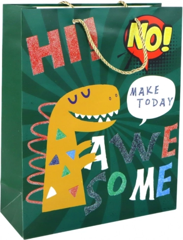 Pungă cadou din hârtie verde cu dinozaur 32 × 26 × 10 cm