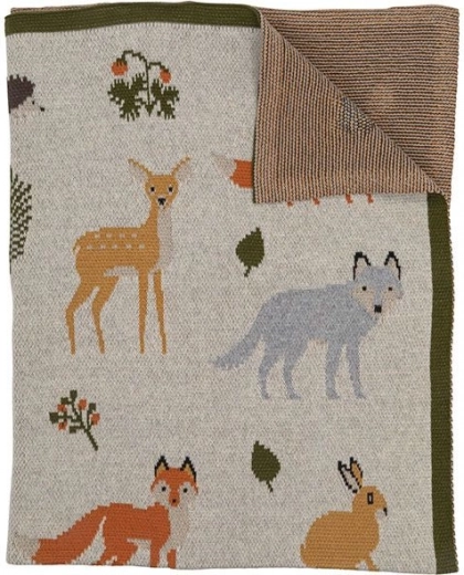 Pătură tricotată pentru copii din bumbac organic animale de pădure 82 × 104 cm