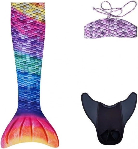 Coada de sirenă curcubeu cu monoînotătoare AQUARIS + bikini pentru copii
