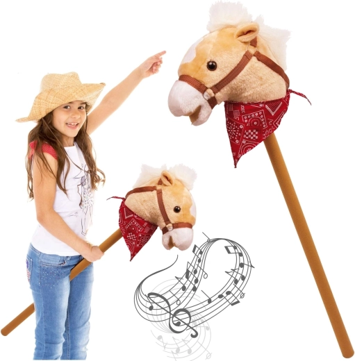 Cal de jucărie pe băț din lemn cu sunete de galop și nechezat, 77 cm