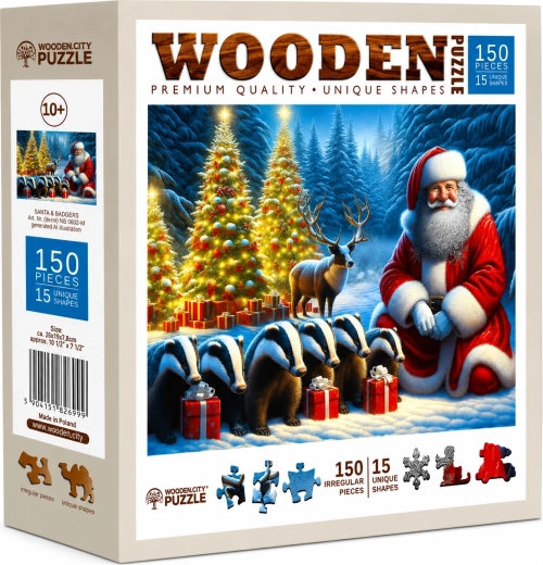 Puzzle din lemn WOODEN CITY Moș Crăciun și bursuci, 150 de piese