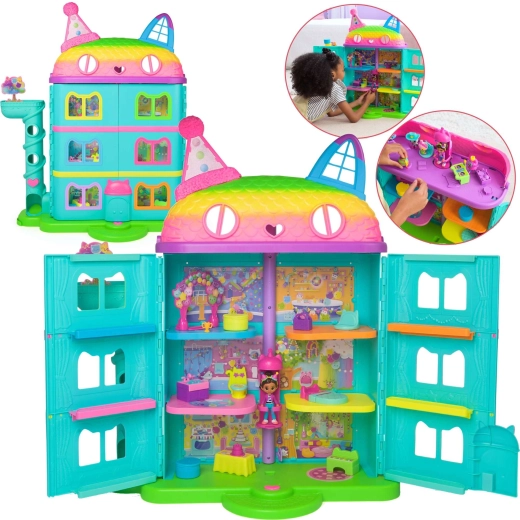 Căsuța curcubeu Gábi de tip outlet cu lift și păpușa Gabby's Celebration Dollhouse cu sunete