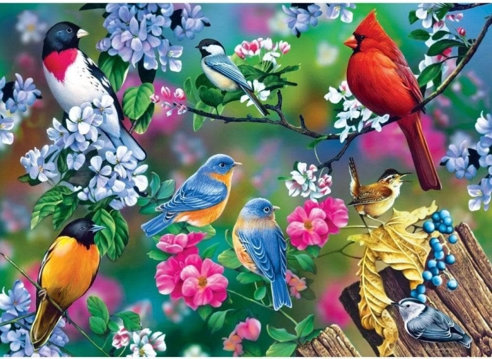 Puzzle Masterpieces Audubon colaj cu păsări cântătoare, 1000 de piese