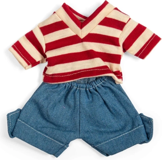 Bigjigs Toys pantaloni scurți din denim și tricou în dungi roșu-alb pentru păpușă 28 cm