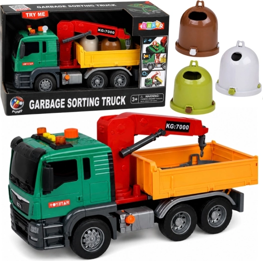 Mașină de gunoi pentru copii cu macara, lumini și sunete + containere pentru sortarea deșeurilor - 1 bucată