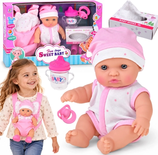 Păpușă bebeluș 20 cm în port-bebe cu suzetă, biberon și accesorii