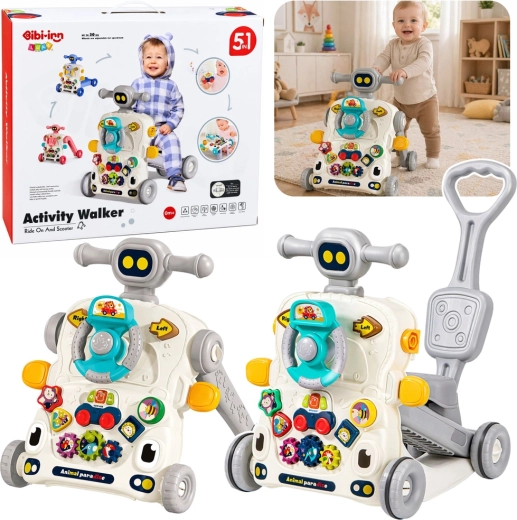 Premergător educativ interactiv 5 în 1 cu măsuță și vehicul de tip ride-on, gri
