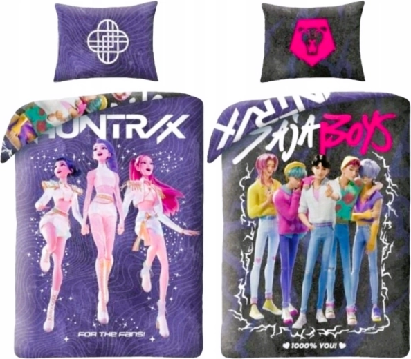 Lenjerie de pat reversibilă K-pop demon hunters Huntrix și Saja boys 140 × 200 cm