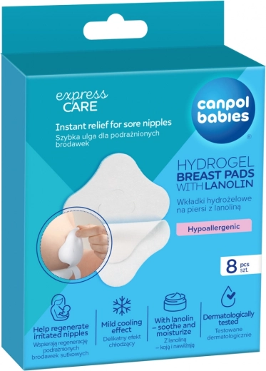 Perne hidrogel pentru sâni cu efect vindecător, cu lanolină CANPOL babies, 8 buc