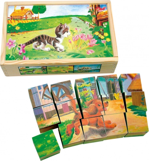 Bino cuburi ilustrate din lemn animale domestice 15 piese