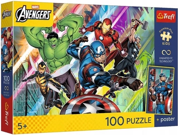 Puzzle pentru copii Trefl Marvel Avengers 100 de piese „Forță și putere” cu poster