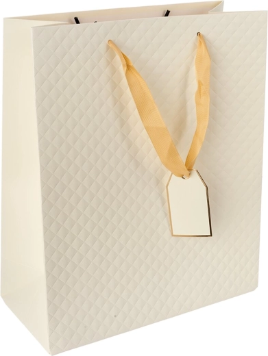 Pungă cadou din hârtie bej, model quilt, 26 × 12 × 32 cm