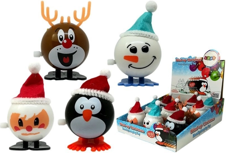 Set de jucării de Crăciun cu mecanism pe cheie – pinguin, ren, om de zăpadă și Moș Crăciun, 12 buc.