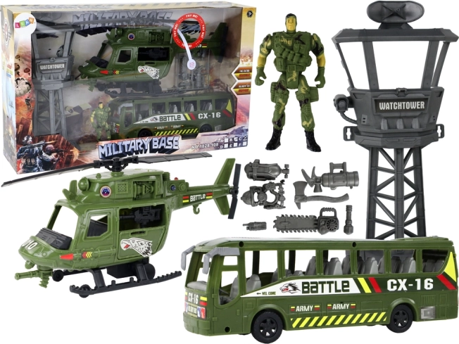 Set militar cu elicopter, vehicul de luptă, turn de control și figurină soldat