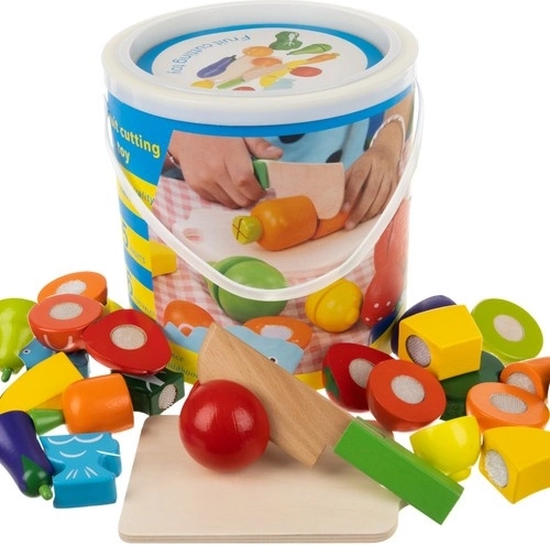 Set din lemn de fructe și legume pentru tăiat, în găletușă