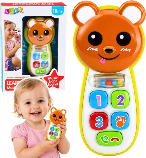 Telefon interactiv pentru copii – ursuleț cu oglindă, zornăitoare, lumini și sunete