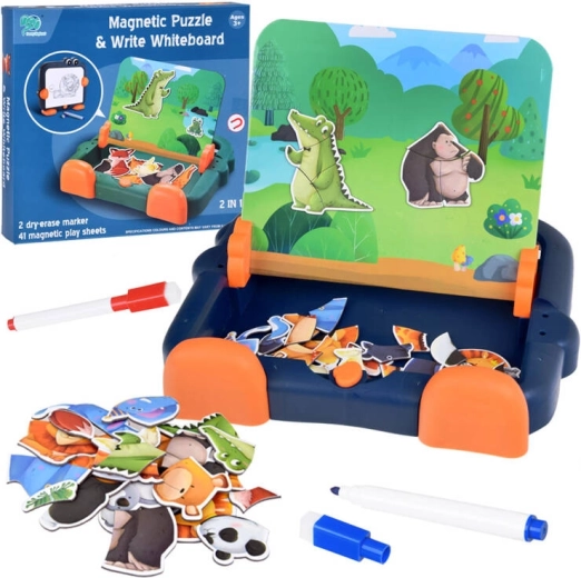 Tablă magnetică 2 în 1 cu puzzle-uri magnetice cu animale și suprafață de desen lavabilă
